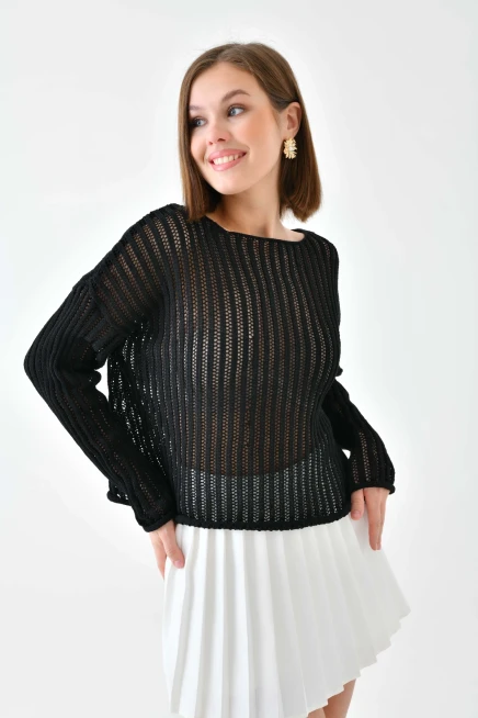 Kadın Geniş Yaka Örgü Detay Oversize Triko Kazak