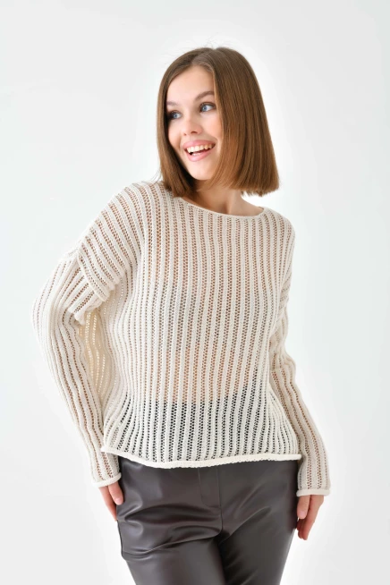 Kadın Geniş Yaka Örgü Detay Oversize Triko Kazak