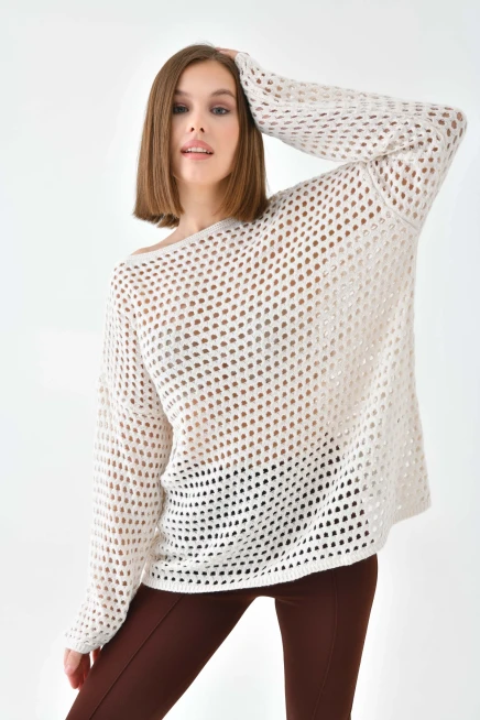 Kadın Kayık Yaka Örgü Detay Oversize Triko Kazak