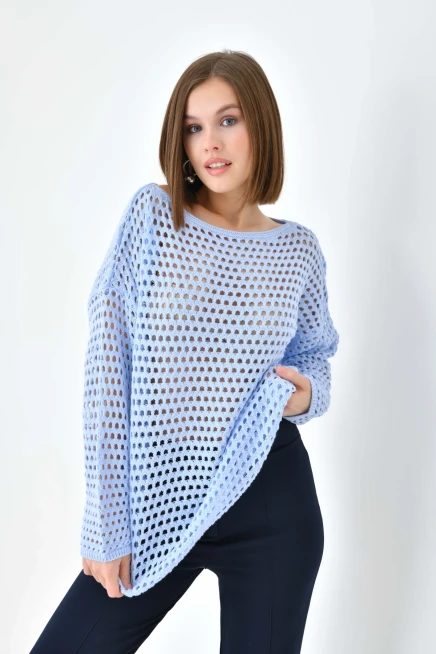 Kadın Kayık Yaka Örgü Detay Oversize Triko Kazak