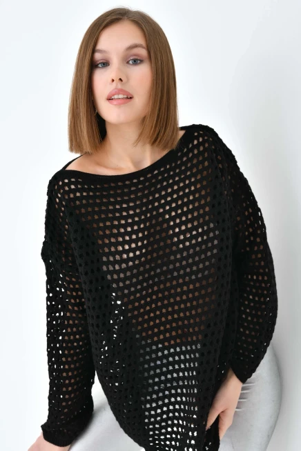 Kadın Kayık Yaka Örgü Detay Oversize Triko Kazak