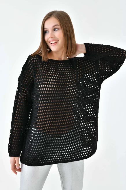 Kadın Kayık Yaka Örgü Detay Oversize Triko Kazak