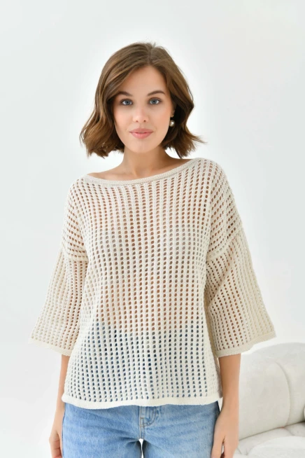 Kadın Kayık Yaka Örgü Detay Oversize Triko Kazak