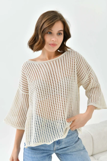 Kadın Kayık Yaka Örgü Detay Oversize Triko Kazak