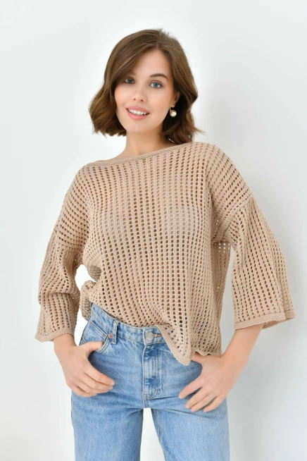 Kadın Kayık Yaka Örgü Detay Oversize Triko Kazak
