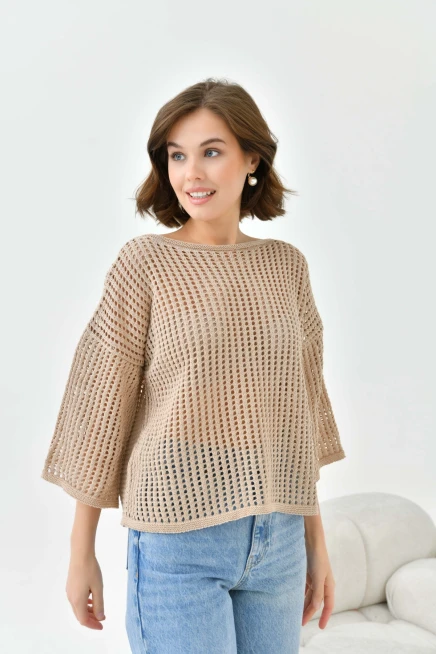 Kadın Kayık Yaka Örgü Detay Oversize Triko Kazak