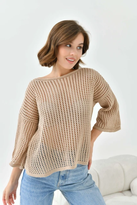 Kadın Kayık Yaka Örgü Detay Oversize Triko Kazak