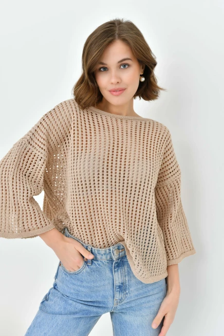 Kadın Kayık Yaka Örgü Detay Oversize Triko Kazak