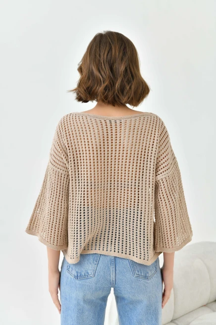 Kadın Kayık Yaka Örgü Detay Oversize Triko Kazak