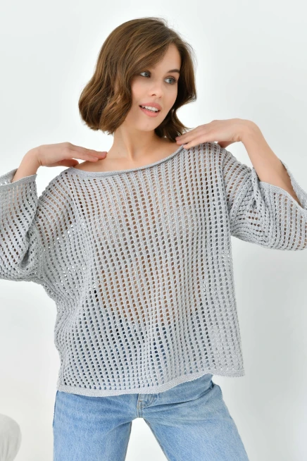 Kadın Kayık Yaka Örgü Detay Oversize Triko Kazak