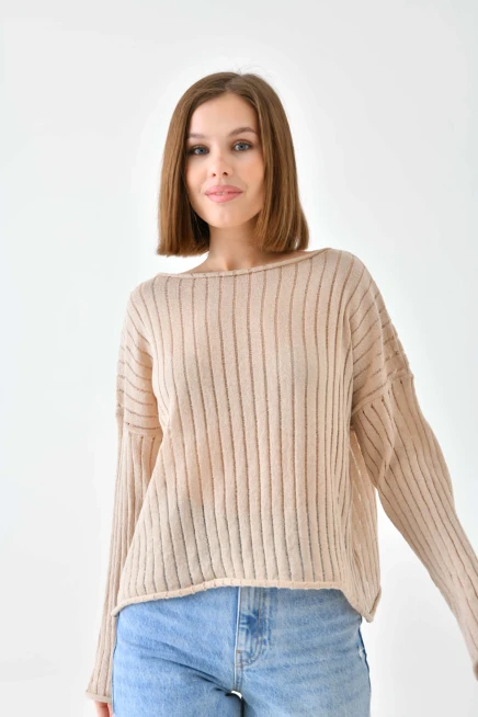 Kadın Kayık Yaka Örgü Detay Salaş Triko Kazak