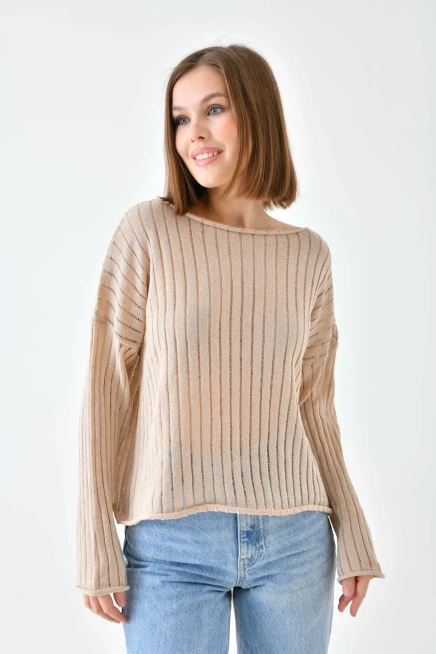 Kadın Kayık Yaka Örgü Detay Salaş Triko Kazak