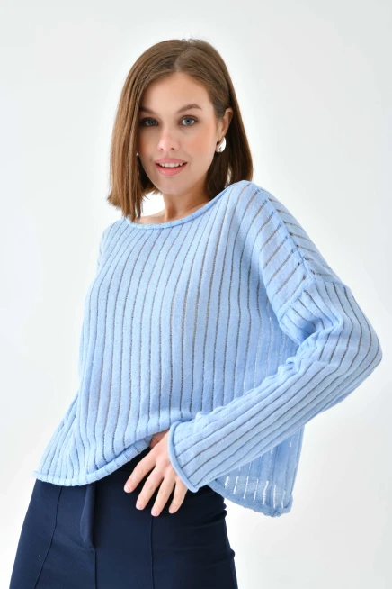 Kadın Kayık Yaka Örgü Detay Salaş Triko Kazak