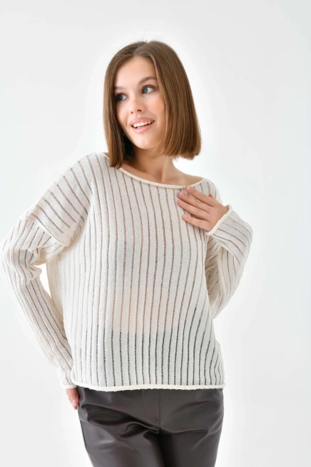 Kadın Kayık Yaka Örgü Detay Salaş Triko Kazak