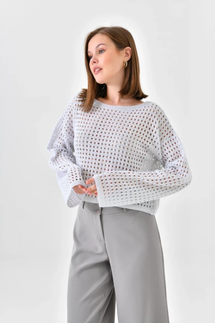 Kadın Kayık Yaka Örgü Detay Simli Crop Triko Kazak