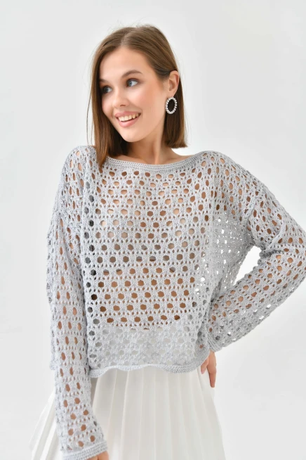 Kadın Kayık Yaka Örgü Detay Triko Kazak