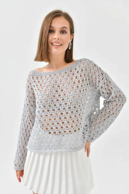 Kadın Kayık Yaka Örgü Detay Triko Kazak