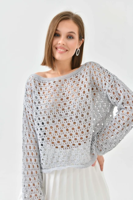 Kadın Kayık Yaka Örgü Detay Triko Kazak