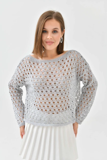 Kadın Kayık Yaka Örgü Detay Triko Kazak