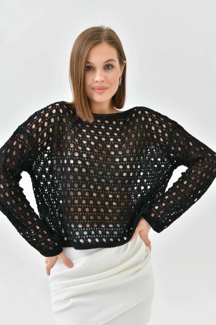 Kadın Kayık Yaka Örgü Detay Triko Kazak