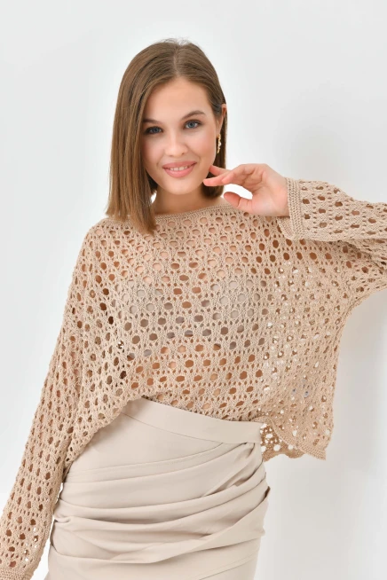 Kadın Kayık Yaka Örgü Detay Triko Kazak