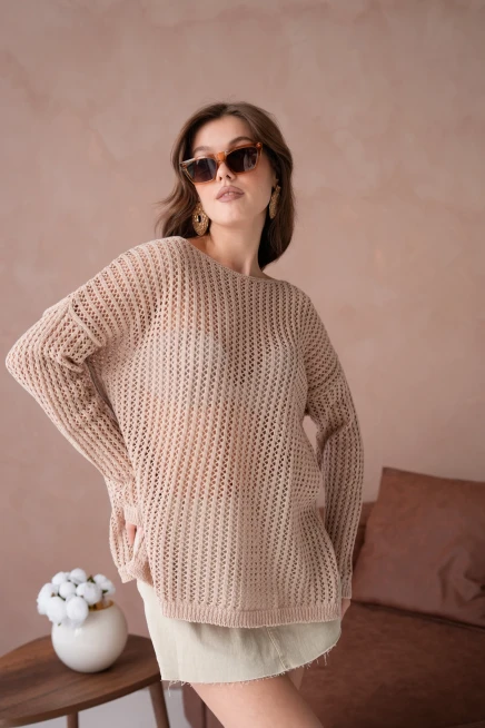 Kadın Kayık Yaka Örgü Detay Yırtmaçlı Triko Kazak