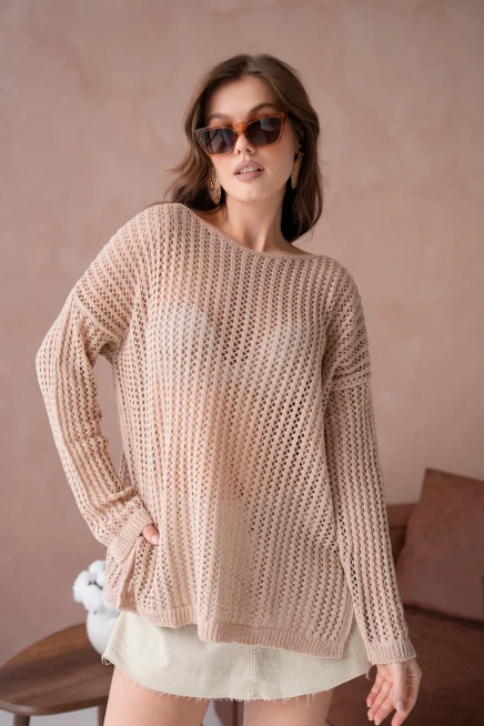 Kadın Kayık Yaka Örgü Detay Yırtmaçlı Triko Kazak