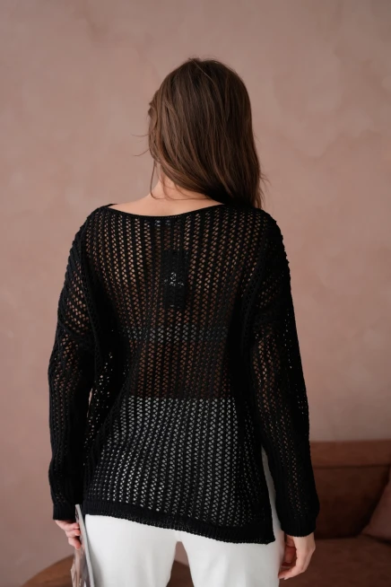 Kadın Kayık Yaka Örgü Detay Yırtmaçlı Triko Kazak