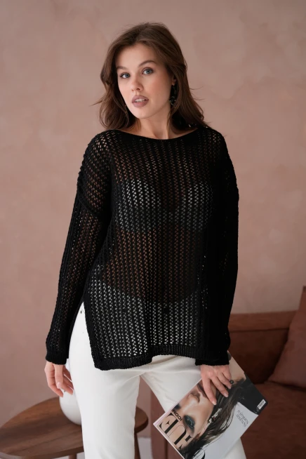 Kadın Kayık Yaka Örgü Detay Yırtmaçlı Triko Kazak