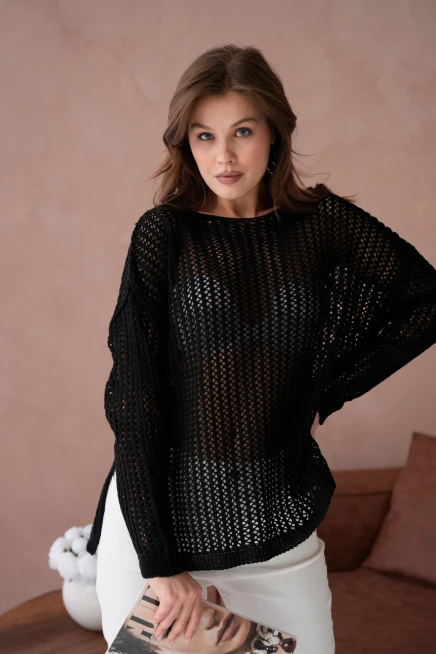 Kadın Kayık Yaka Örgü Detay Yırtmaçlı Triko Kazak