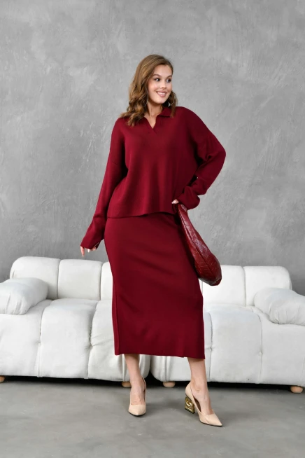 Kadın Polo Yaka Yarım Pat Oversize Kazak Pantolon Triko Alt-Üst Takım