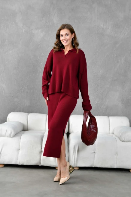 Kadın Polo Yaka Yarım Pat Oversize Kazak Pantolon Triko Alt-Üst Takım