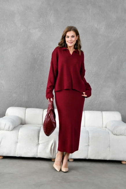 Kadın Polo Yaka Yarım Pat Oversize Kazak Pantolon Triko Alt-Üst Takım