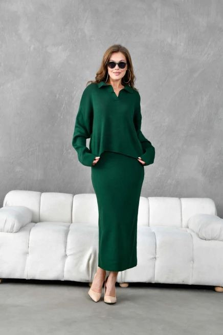 Kadın Polo Yaka Yarım Pat Oversize Kazak Pantolon Triko Alt-Üst Takım