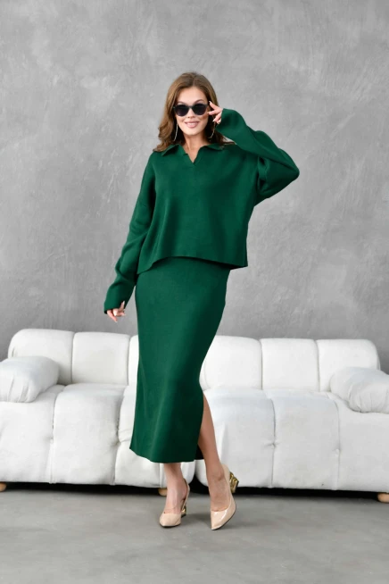 Kadın Polo Yaka Yarım Pat Oversize Kazak Pantolon Triko Alt-Üst Takım