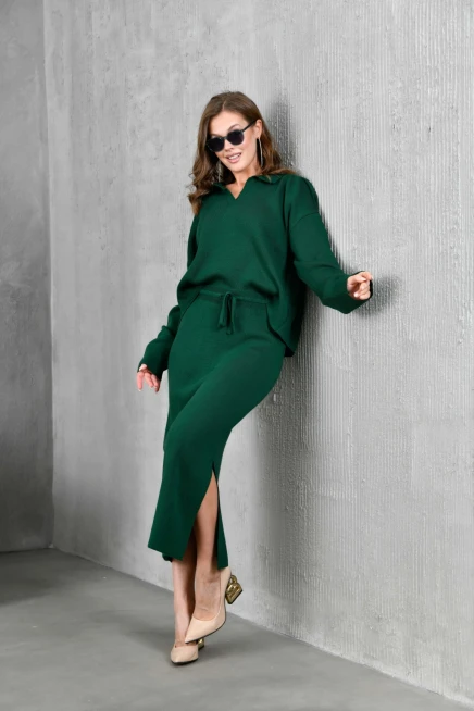 Kadın Polo Yaka Yarım Pat Oversize Kazak Pantolon Triko Alt-Üst Takım