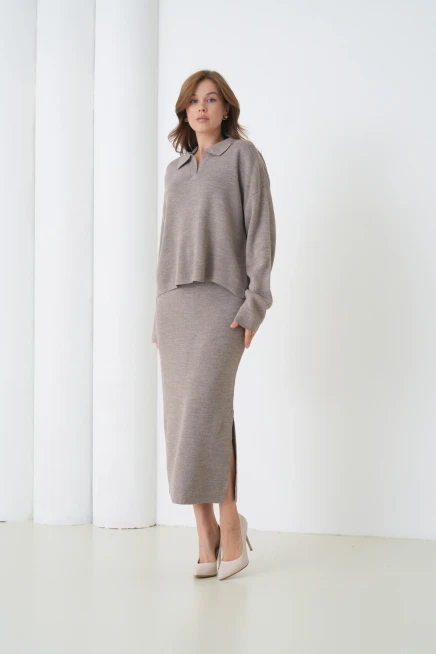 Kadın Polo Yaka Yarım Pat Oversize Kazak Pantolon Triko Alt-Üst Takım