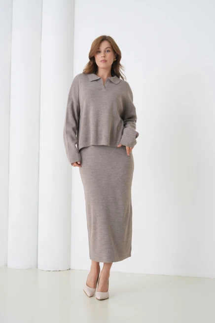 Kadın Polo Yaka Yarım Pat Oversize Kazak Pantolon Triko Alt-Üst Takım