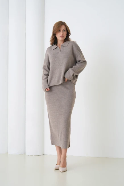 Kadın Polo Yaka Yarım Pat Oversize Kazak Pantolon Triko Alt-Üst Takım