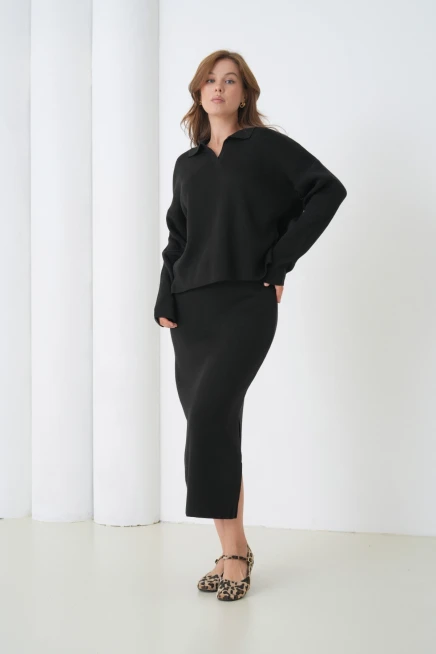 Kadın Polo Yaka Yarım Pat Oversize Kazak Pantolon Triko Alt-Üst Takım