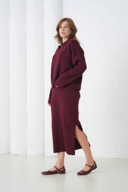 Kadın Polo Yaka Yarım Pat Oversize Kazak Pantolon Triko Alt-Üst Takım