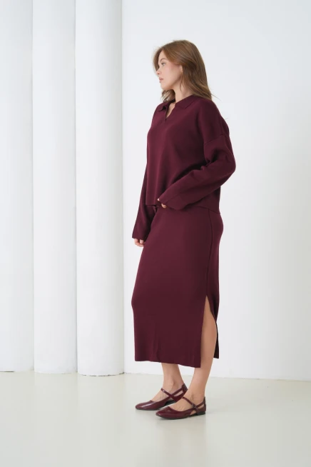 Kadın Polo Yaka Yarım Pat Oversize Kazak Pantolon Triko Alt-Üst Takım