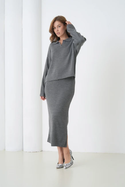 Kadın Polo Yaka Yarım Pat Oversize Kazak Pantolon Triko Alt-Üst Takım