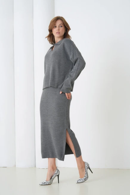 Kadın Polo Yaka Yarım Pat Oversize Kazak Pantolon Triko Alt-Üst Takım