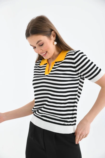 Kadın Polo Yaka Çizgili Triko Kazak