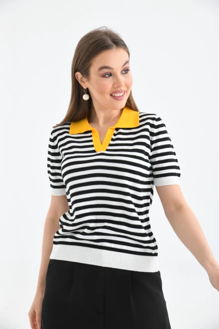 Kadın Polo Yaka Çizgili Triko Kazak