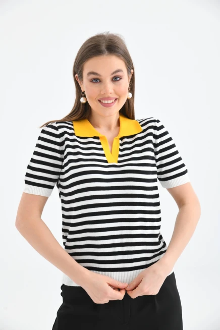 Kadın Polo Yaka Çizgili Triko Kazak