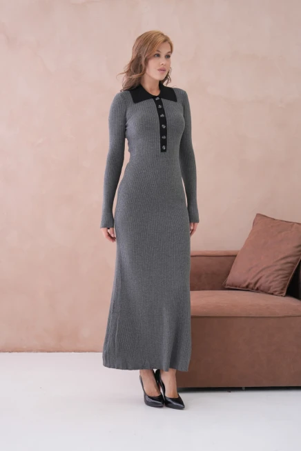 Kadın Polo Yaka Düğme Detay Kaşkorse Uzun Triko Elbise