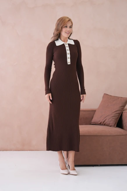 Kadın Polo Yaka Düğme Detay Kaşkorse Uzun Triko Elbise