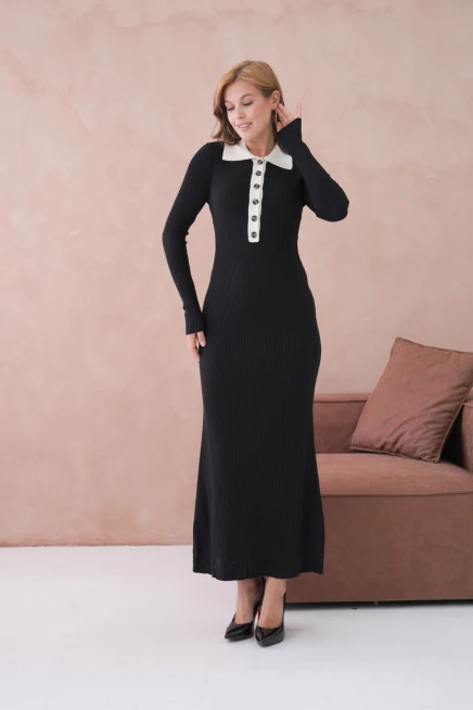 Kadın Polo Yaka Düğme Detay Kaşkorse Uzun Triko Elbise